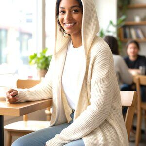 (G-212)Women’s Hooded Open Front Cardigan Cream 100% Cotton Knit Sweater Size S